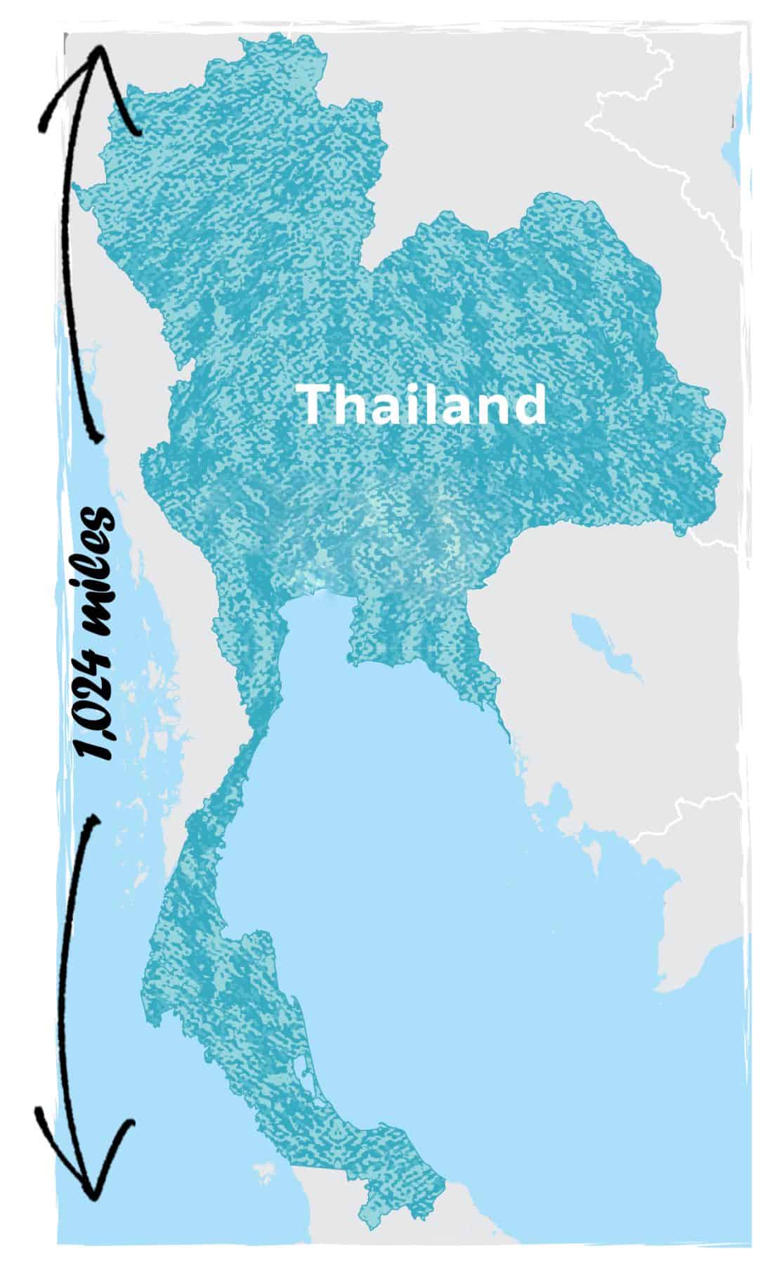 Map of Thailand showing what the length of thailand is in miles and how much we want our runners to collectively run for SCT's Global Run Event 